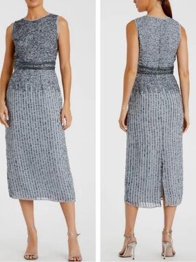Mac Duggal Silver Beaded Midi Dress